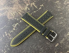 Yellow Stripes black perforated 20mm rally watch band yellow edges and stitching