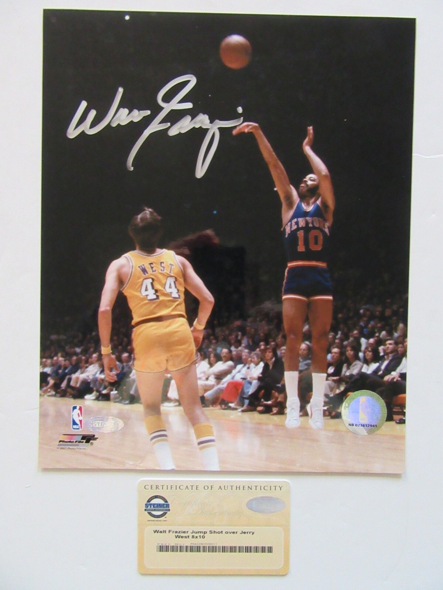 Walt Frazier, NY Knicks Signed 8x10 Photo Shooting Over Jerry West