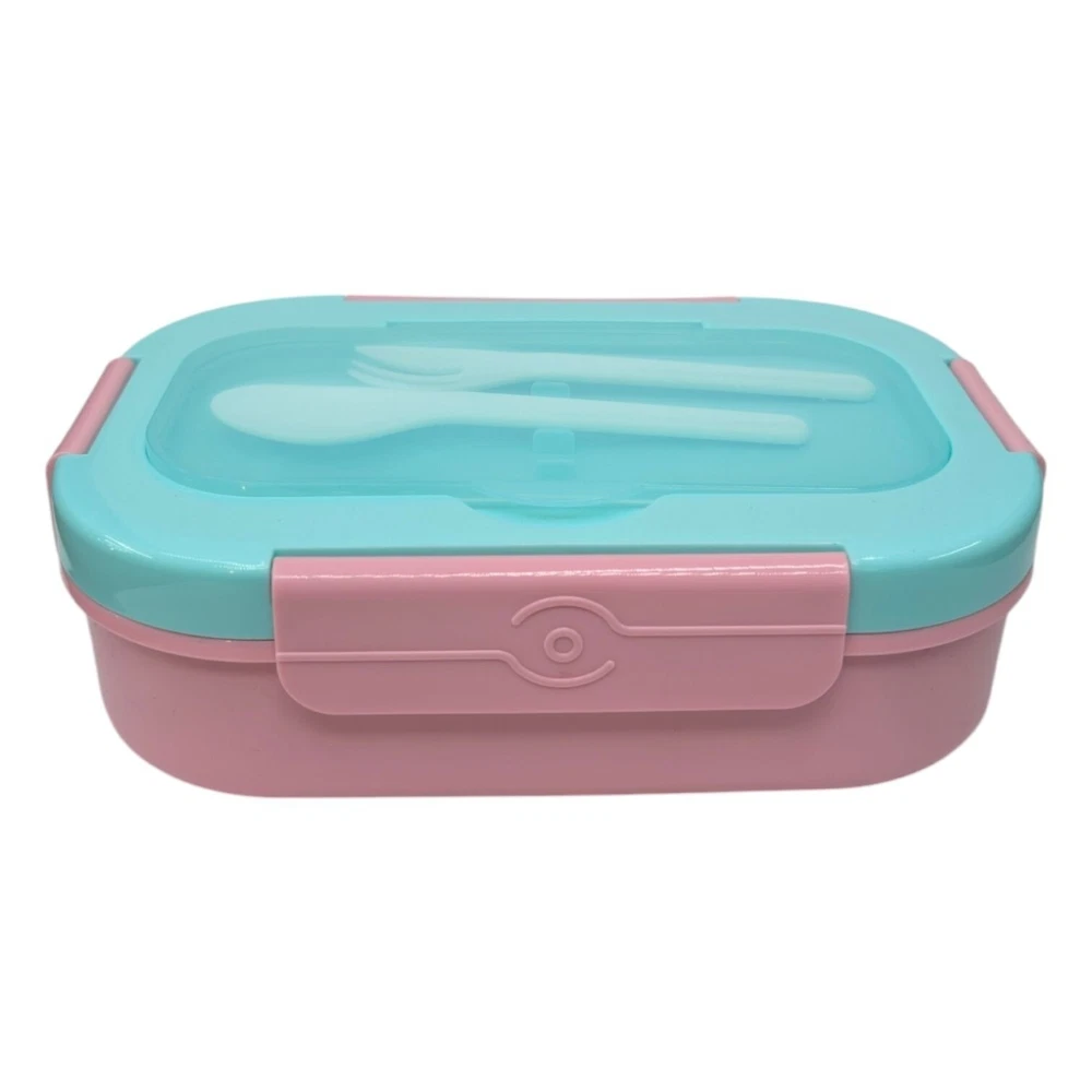 Bento Box Leak Proof Lunch Container Pink Green w/ Lid Fork Spoon 4 Compartment