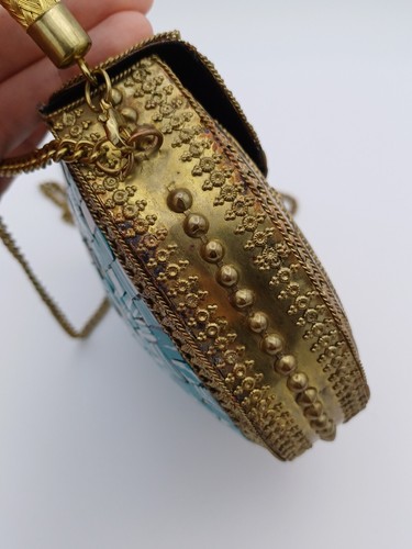 Stunning Ethnic Gold Tone Metal Handmade Mosaic Top Handle & Cross Body Handbag - Picture 10 of 17