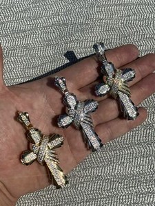 Authentic Mens Large Cross Pendant Solid 925 Sterling Silver 14k Gold Plated ICY HipHop CZ