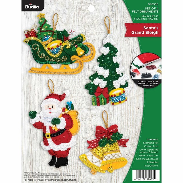 Bucilla Felt Ornaments Applique Kit Set of 4 Santa's Grand Sleigh