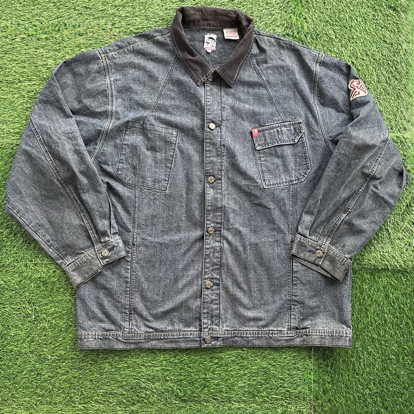 Mecca Denim Jacket Mens 3XL Distressed Corduroy Collar Embroidered Button Up Y2K