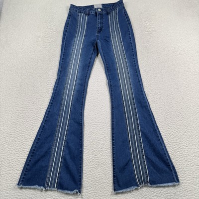 LITZ BY UNIQ Flare Jeans Women s Size 27/5 Striped Raw Hem Stretch Festival Boho