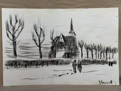 VINCENT VAN GOGH drawing and painting on old paper signed stamped vintage