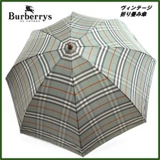 Burberrys Vintage Old Logo Folding Umbrella Check Wood Pattern Green Original Co