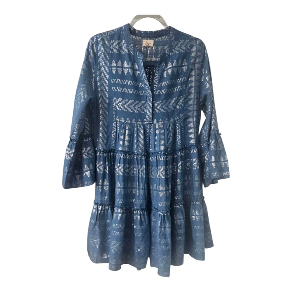 Mini Vestido Elan Clara Talla Pequeña Azul Plateado Metálico En Niveles Volantes Mangas Campana BOHO Foto 2 de 4