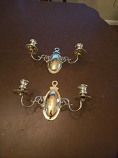 Set of 2 Polished Brass Double Candle Wall Sc...
