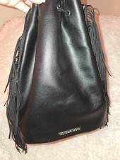 Victoria's Secret Black Fringe Drawstring Bucket Bag Logo Accent Lined Women
