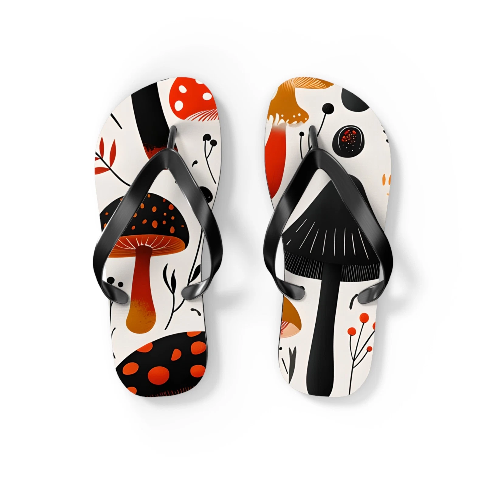 Autumn Mushroom Flip Flops | Orange Black Fungi Beach Sandals
