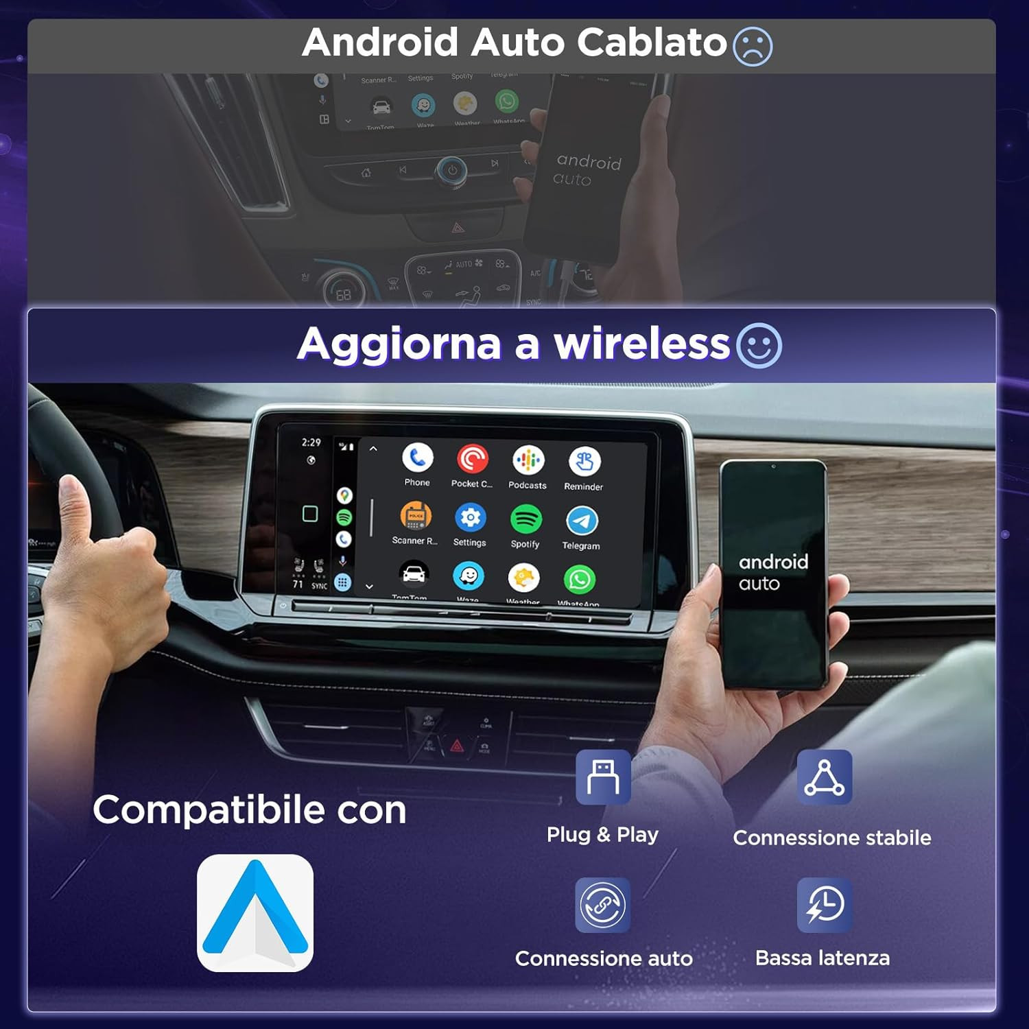 Adattatore Wireless Android Auto – U2AC-L9 2026 Trasforma Android Auto Cablato i - 2