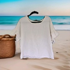 Elena Baldi Linen Women's Large White Flared Cap Sleeve Round Neck Blouse Beachy