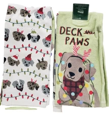 2 Different Kitchen Towels (16.5"x26") DOGS & CHRISTMAS LIGHTS,DECK THE PAWS,SNS
