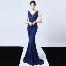 Sexy V-neck Mermaid Satin Prom Dresses Floor Length Appliques Evening Dresses