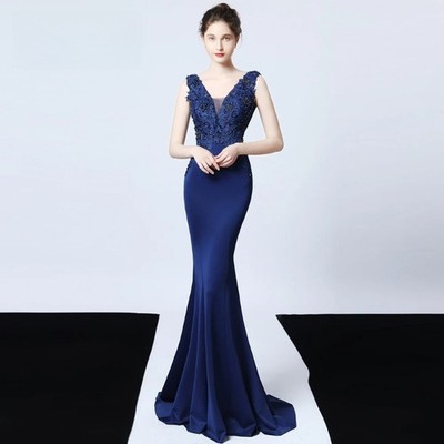 Sexy V-neck Mermaid Satin Prom Dresses Floor Length Appliques Evening Dresses