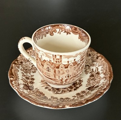 Vintage Royal Worcester Brown Palissy Avon Scenes Cup and Saucer 1790 Small