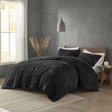 Blair Ruched Faux Fur Comforter Set - Luxurious Bed Cover King/Cal King Black