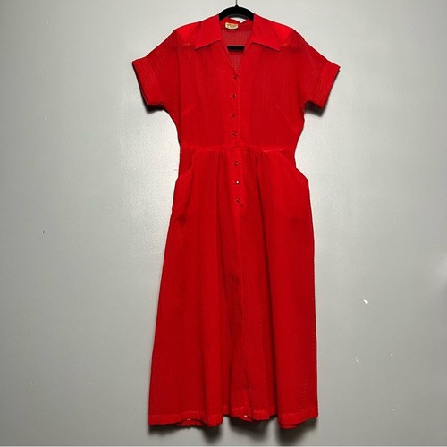 Vintage 1940s Gail Whitney Button Up Midi Dress Sheer Textured Cherry Red - Picture 1 of 10