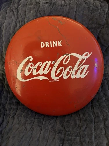 Vintage Coca-Cola 12” Button Painted Metal Sign!  Authentic ! 1960's
