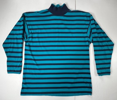 Vintage 80s Energie bi currants Mock Neck Striped Blue Turquoise Shirt Mens S