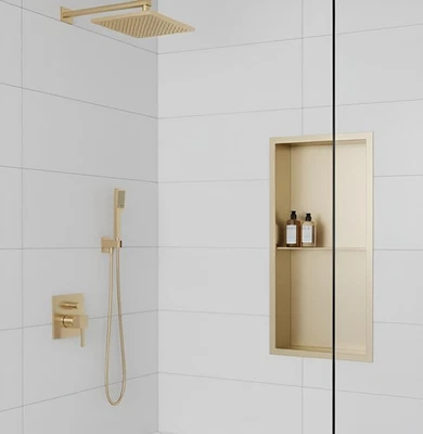 NWT DIRECT 30x60cm Bathroom Shower Niche 304 Stainless Steel Recessed Storage Shelf Brass