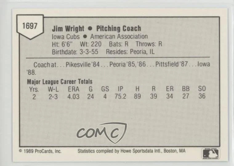 1989 ProCards Minor League Team Sets Jim Wright #1697 - Image 2 of 2