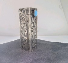 Vintage Silver and Turquoise Florentine Lipstick Holder Hinged Mirror 800 Silver
