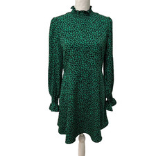 MNG Mango Mini Dress Womens 6 Green Floral Ruffle Mock Neck Romantic Boho