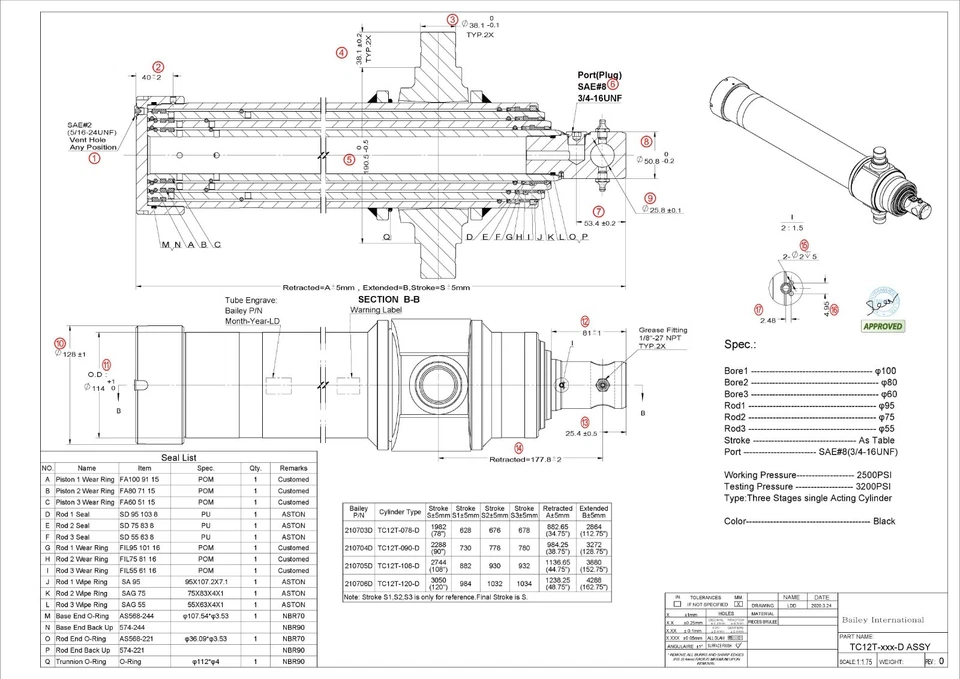 Cilindro hidráulico telescópico de acción simple 12 toneladas, 3 etapas, 78 pulgadas de carrera, SAE Foto 2 de 4