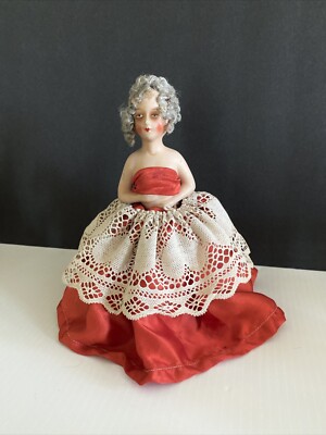 Pin Cushion Doll Composition Vintage Half Doll Women Germany 5  Tall Real Hair