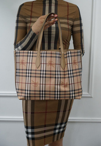 Burberry Elderberry Leather and Haymarket Check Coated Canvas Reversible Tote