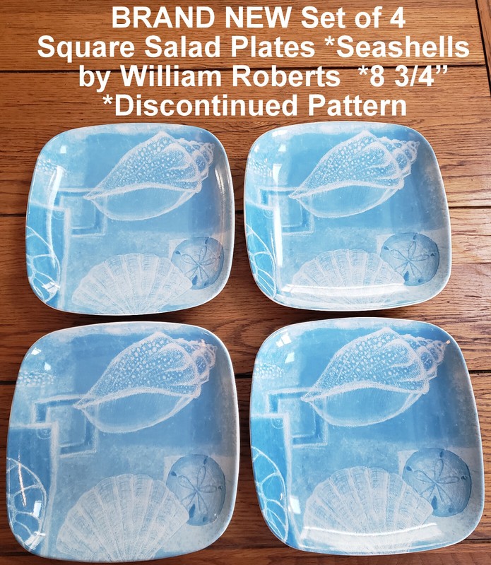 NIB Set of 4 William Roberts Square Salad Plates *Seashell *Discontinued  8 3/4"