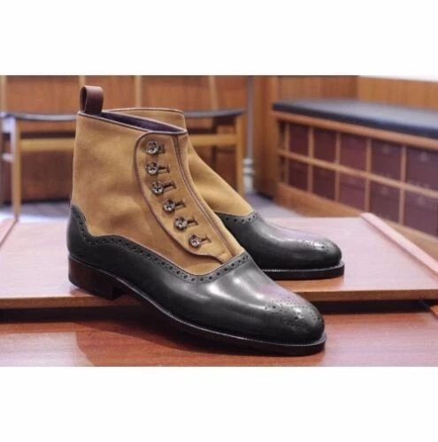 Men Two Tone Button Boots, Men Tan And Black Ankle Leather Boots, Men Boots 7-17