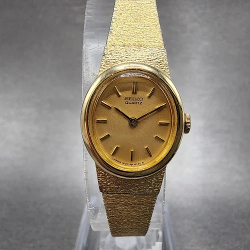 Seiko Watch Women 17mm Gold Dial Gold Tone Oval 1400-8339 New Battery
