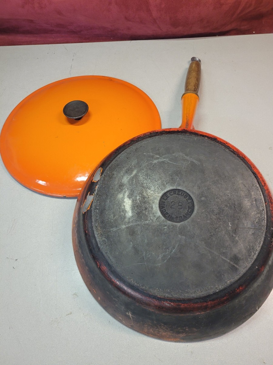 LE CREUSET #26 Cast Iron Orange Enamel Wood Handle Skillet Pan w