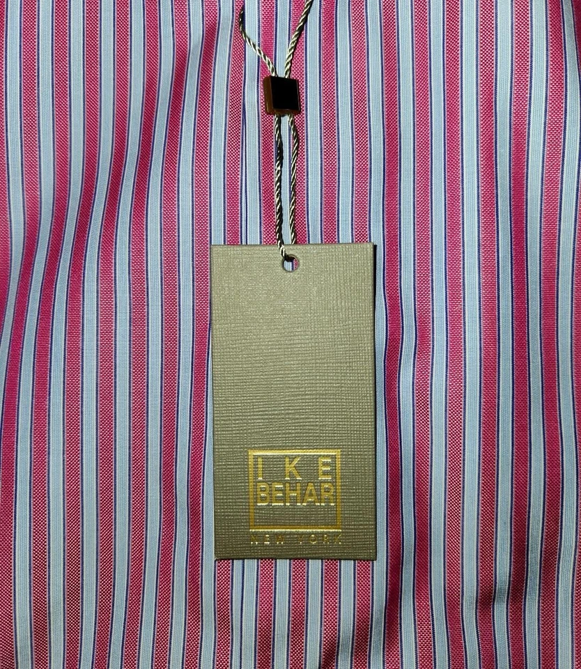 Camisa Ike Behar Etiqueta Dorada Talla 15 LS 32/33 Rosa Azul Rayas Algodón Nueva con Etiquetas $225 Foto 3 de 4