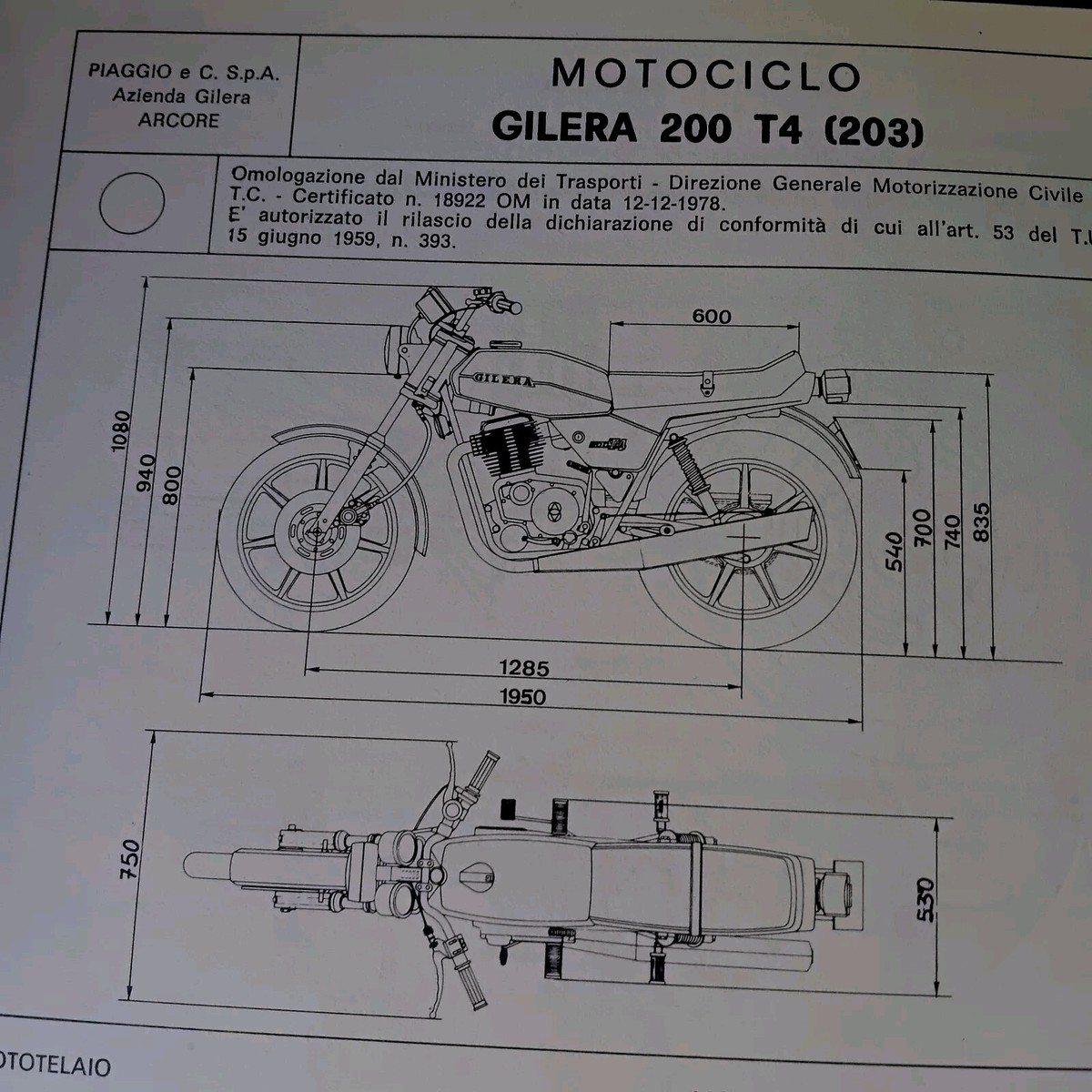 GILERA 200 T4 T4C 1978 Scheda Omologazione Originale ASI FMI
