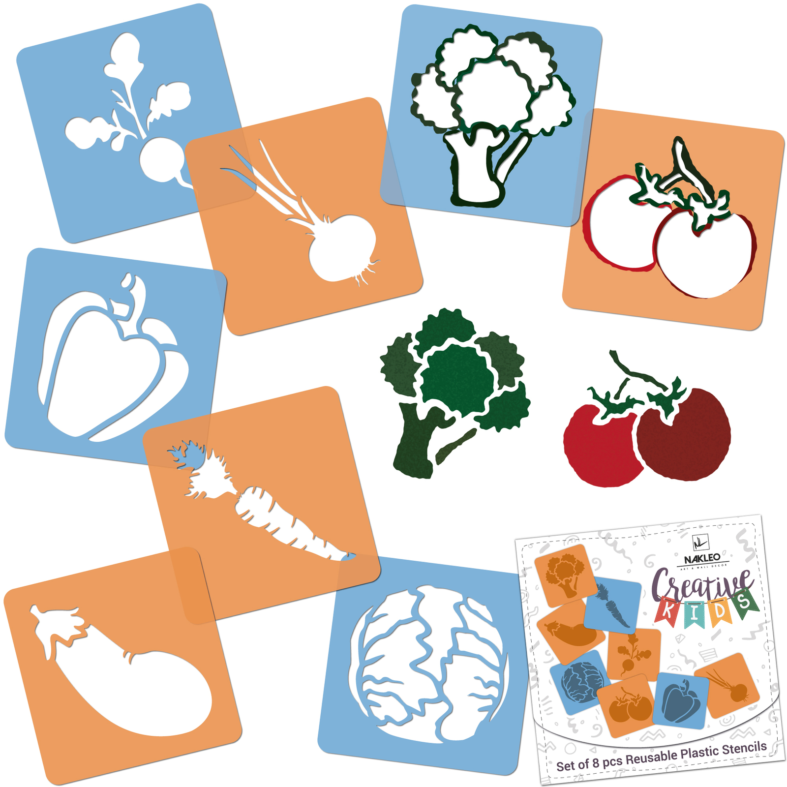 8 pcs Drawing Stencils for Kids 15x15cm / VEGETABLES / Reusable Washable Plastic