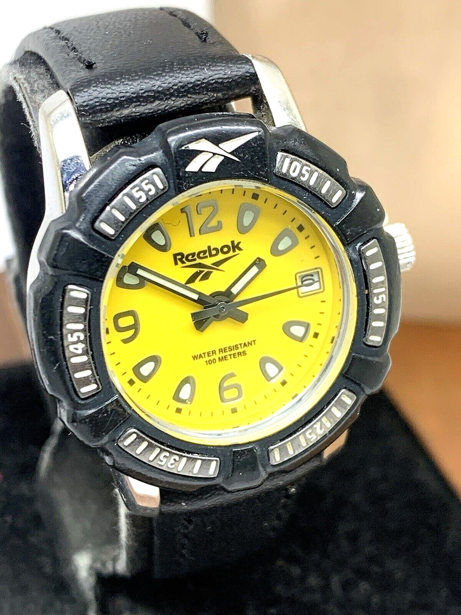 Reebok Women's Watch Quartz VX12 Diver Yellow Dial Black Leather
