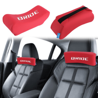 2Pcs JDM BRIDE Embroidery Red Leather Car Neck Rest Pillow Headrest Cushion