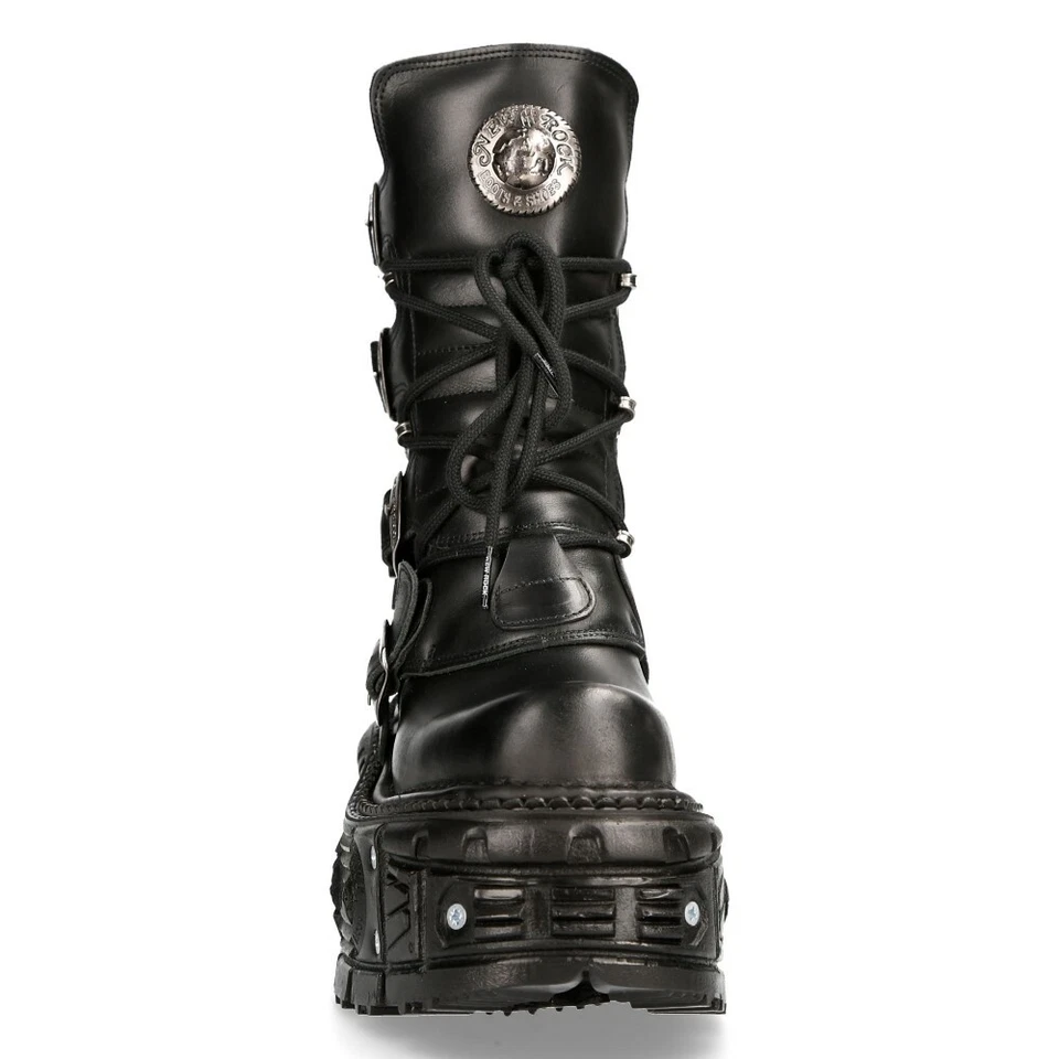 NEW ROCK BOOTS TANK373-S1 Black Leather Unisex Combat Platform Biker Goth Shoes - Image 4 of 4