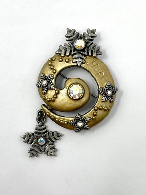 Vintage Hope Signed DD Brooch Pin Swirl Rhinestone Snowflakes Goldtone Pewter