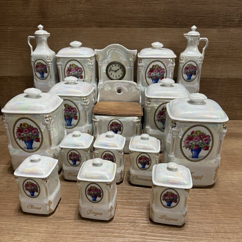 Victoria China Czechoslovakia Pearl Luster Canister & Kitchen Set, Gold Floral - Picture 1 of 22