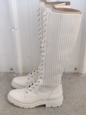 Sam Edelman Lila Womens Size 9 M Cream Leather / Fabric Lace Up 16'' Tall Boots