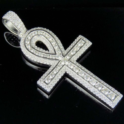 2.1" Ankh Cross Men's Pendant 14K White Gold Over 3 Ct D/FL Brilliant Moissanite - Picture 2 of 11