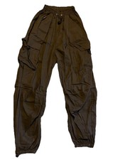 Dark Gray Elastic Drawstring Waistband Baggy Cuffed Cargo Parachute Pants Women