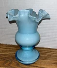 Vintage Fenton Light Blue Glass Overlay 6" Flower Vase crimped Rim