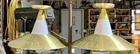 Pair of Vintage MCM Flying Saucer Gold Metal Milk Glass Ceiling Fixtures, 16"