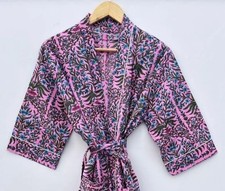 Indian Botanical Pink Kimono Robe Cotton Bridal Bath Robe Summer Night Gown US