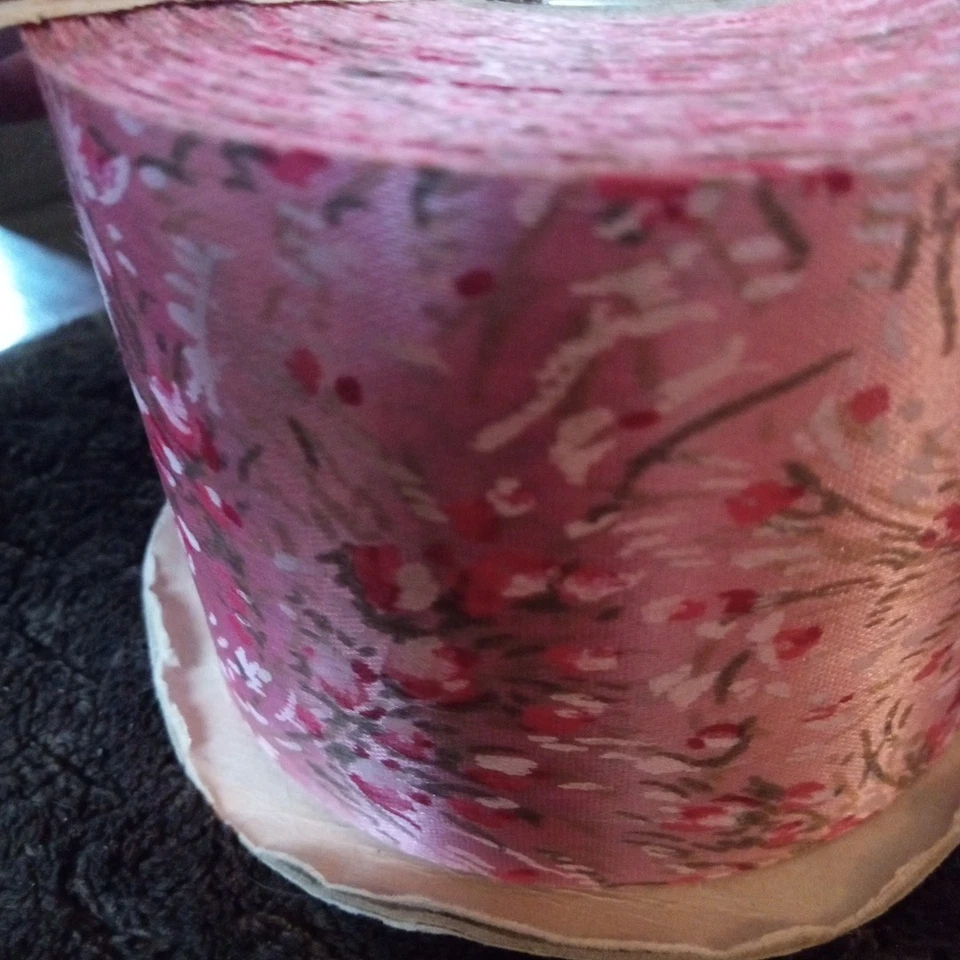 Vtg Lion Product Pink Satin Floral Ribbon Usa 50 or 60 Yds 1950's Nos - Image 4 of 4